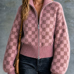 ElevenOra Chic Casual Pink Checkerboard Jacquard Stand-Collar Zipper-Front Long-Sleeve Loose-Fit Mohair Blend Knit Cardigan