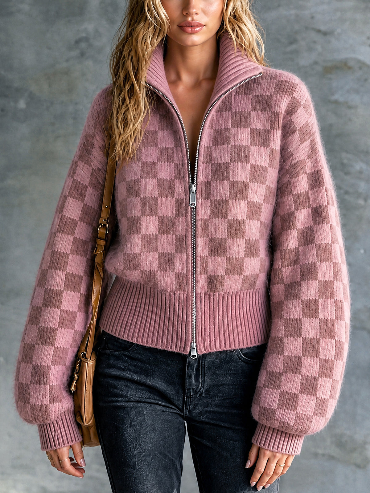 ElevenOra Chic Casual Pink Checkerboard Jacquard Stand-Collar Zipper-Front Long-Sleeve Loose-Fit Mohair Blend Knit Cardigan