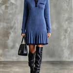 ElevenOra Chic Casual Dark Blue-Navy Blue Colorblock Button-Up Lapel-Collar Long-Sleeve Pleated Hem Mohair Blend Knit Mini Dress