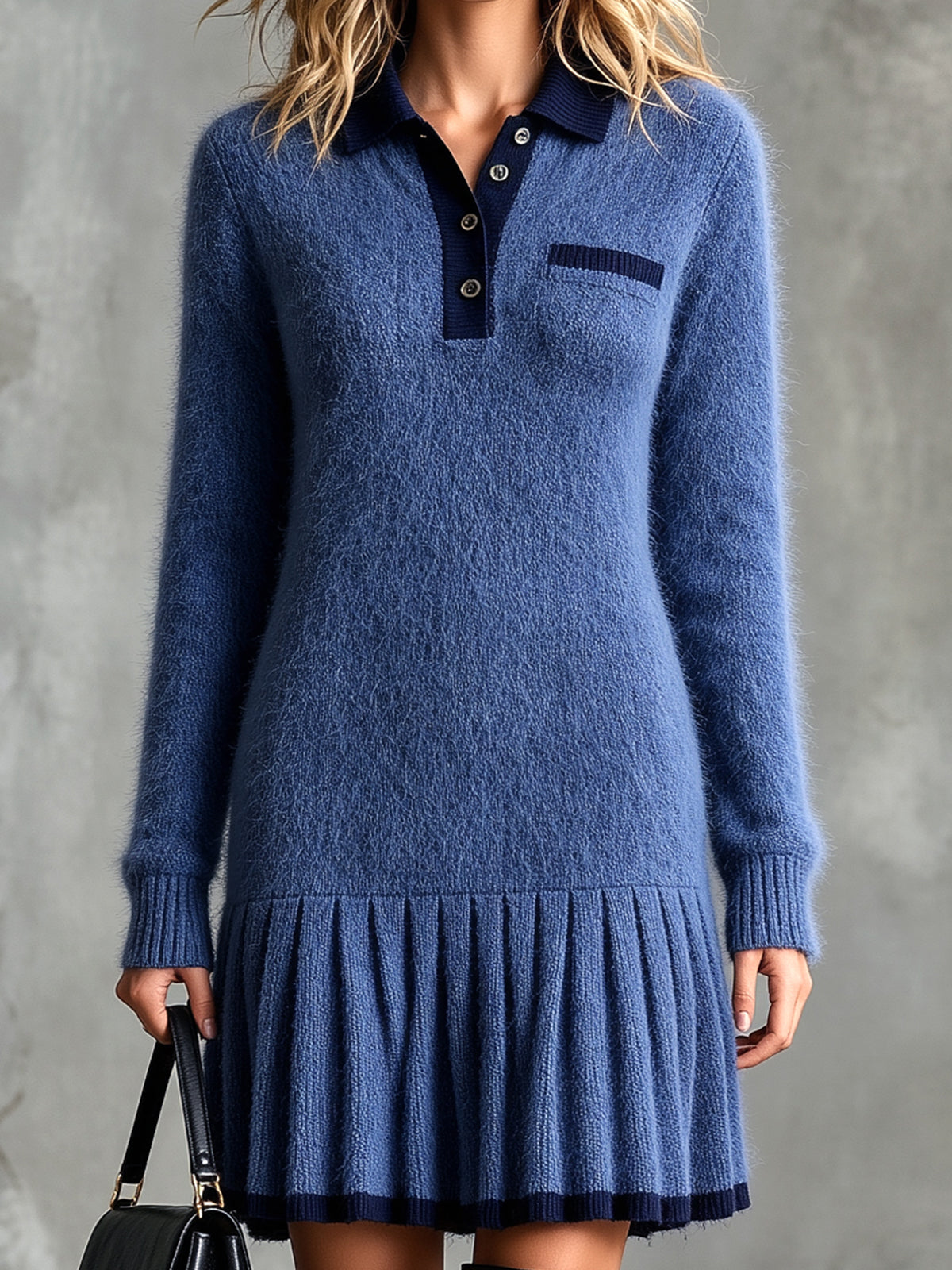 ElevenOra Chic Casual Dark Blue-Navy Blue Colorblock Button-Up Lapel-Collar Long-Sleeve Pleated Hem Mohair Blend Knit Mini Dress