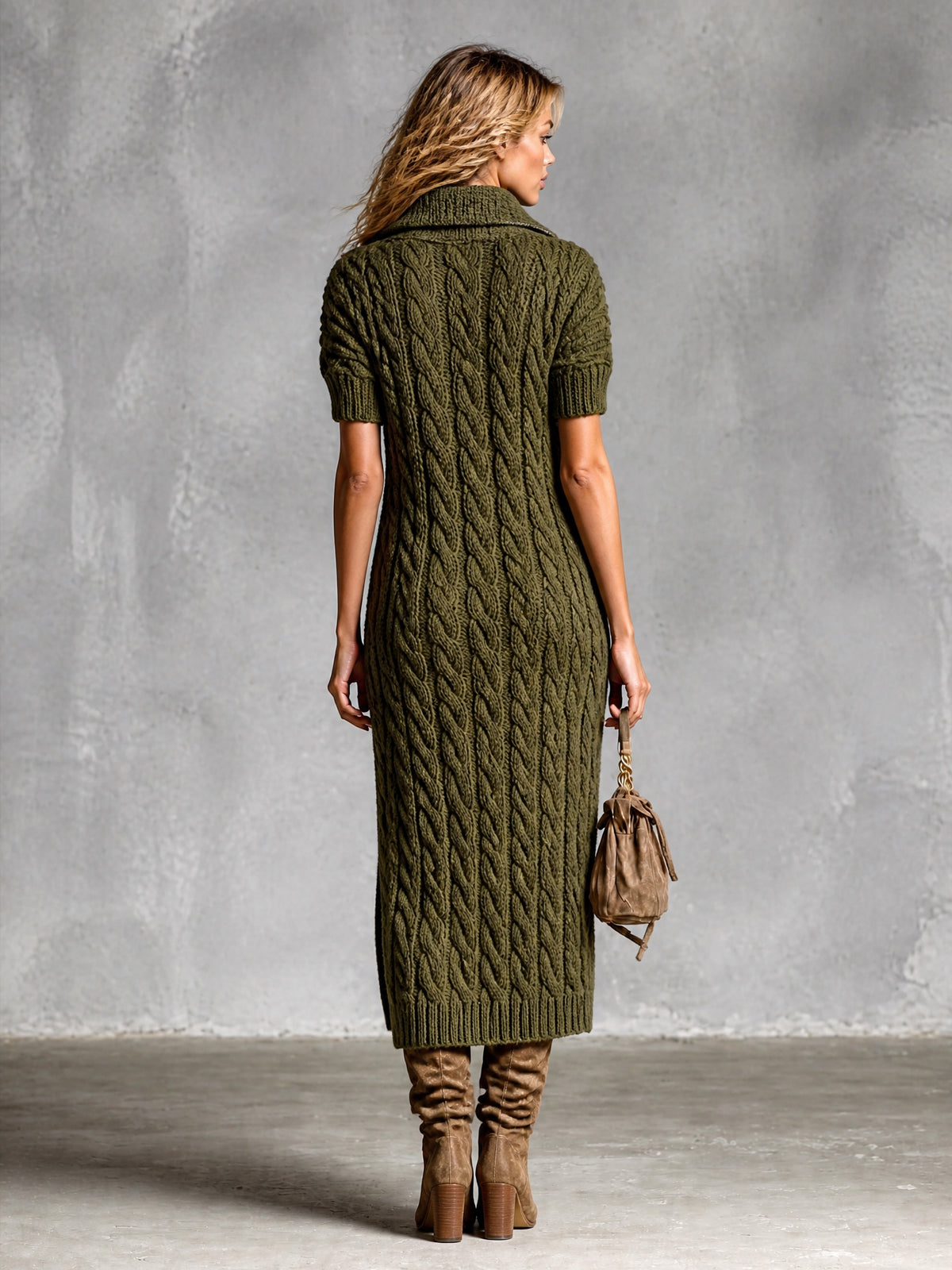 ElevenOra Chic Elegant Army Green Zipper-Up Lapel-Collar Short-Sleeve Slit Detail Loose-Fit Wool Blend Cable-Knit Midi Dress