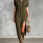 ElevenOra Chic Elegant Army Green Zipper-Up Lapel-Collar Short-Sleeve Slit Detail Loose-Fit Wool Blend Cable-Knit Midi Dress