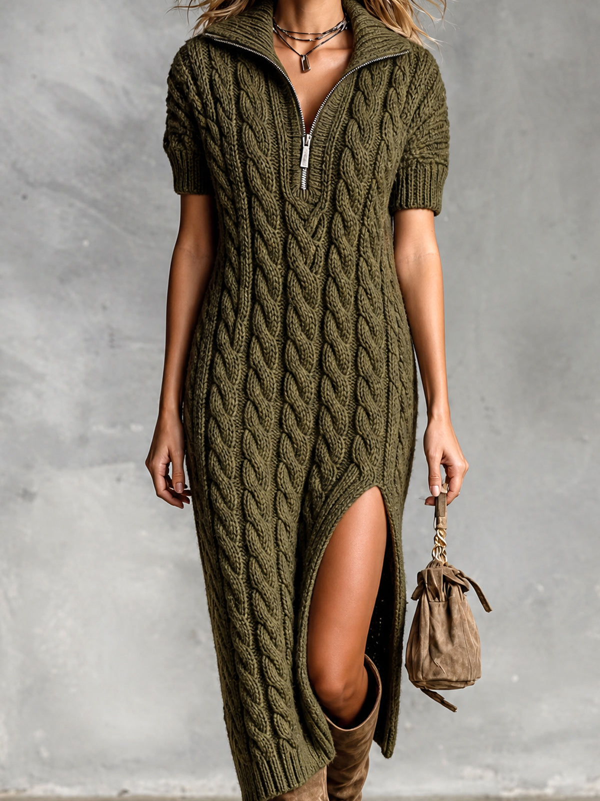 ElevenOra Chic Elegant Army Green Zipper-Up Lapel-Collar Short-Sleeve Slit Detail Loose-Fit Wool Blend Cable-Knit Midi Dress