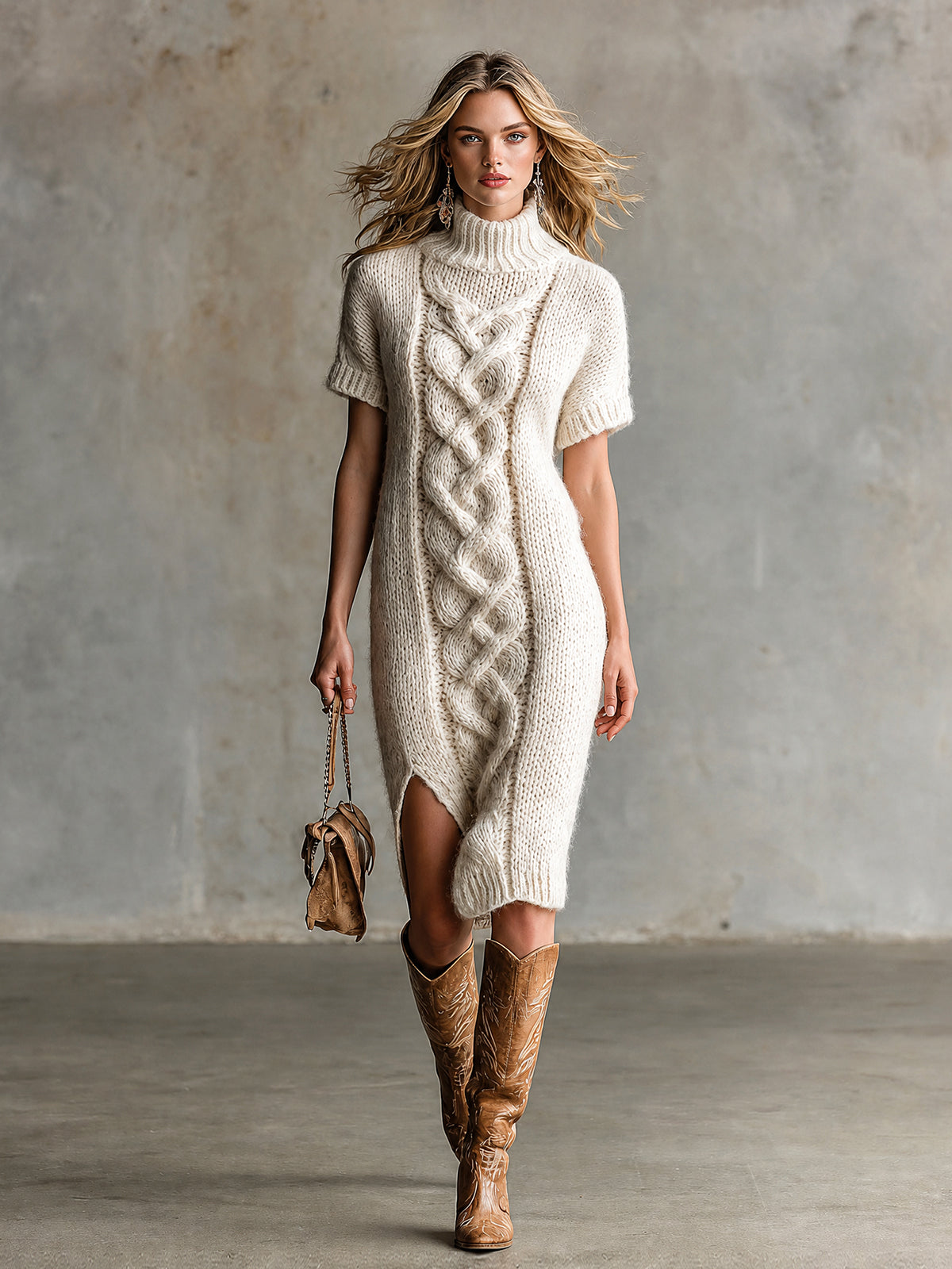 ElevenOra Chic Elegant Cream White Turtleneck Short-Sleeve Cable-Detail Slit-Hem Loose-Fit Wool Blend Knit Midi Dress