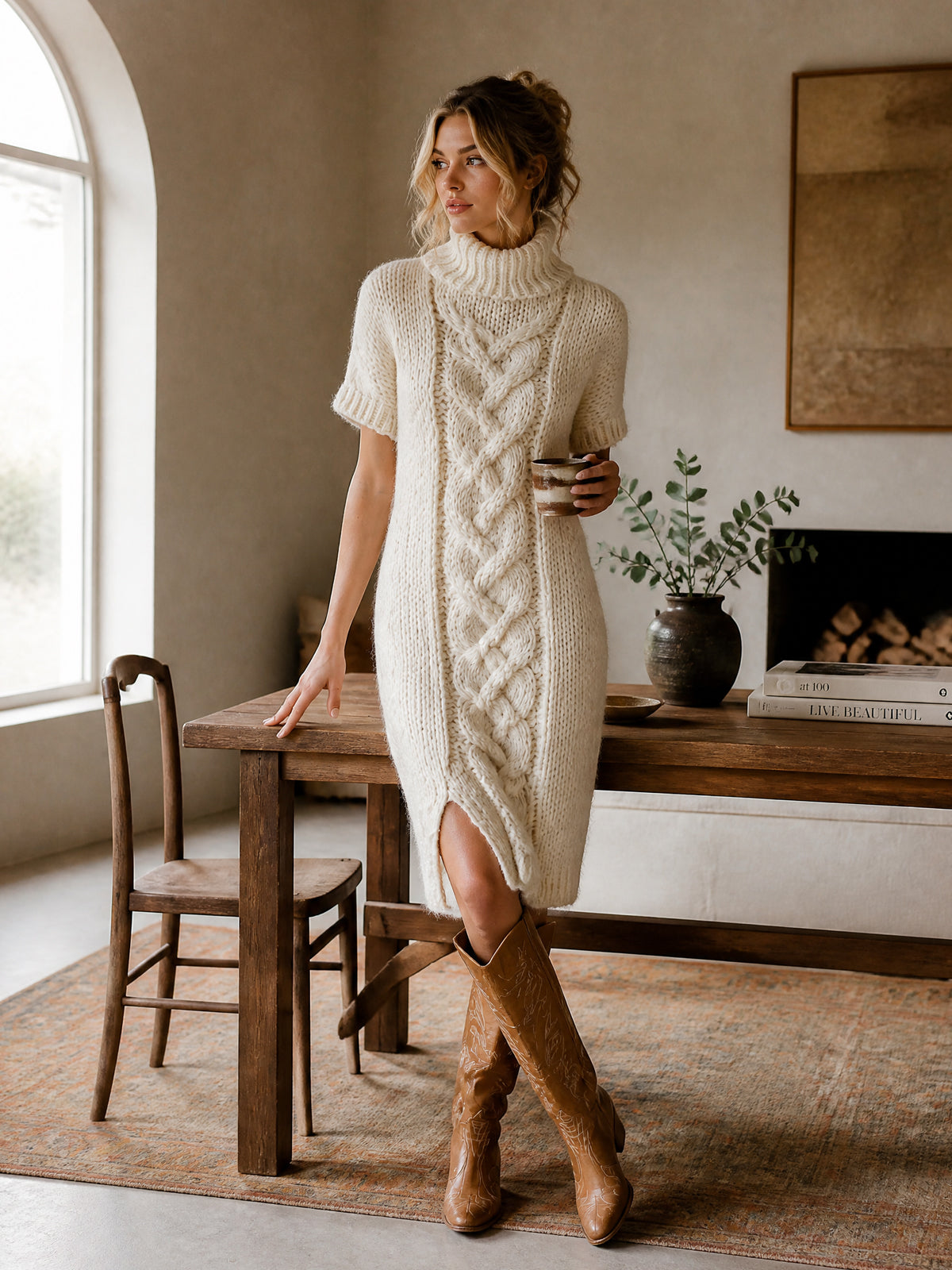 ElevenOra Chic Elegant Cream White Turtleneck Short-Sleeve Cable-Detail Slit-Hem Loose-Fit Wool Blend Knit Midi Dress