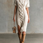 ElevenOra Chic Elegant Cream White Turtleneck Short-Sleeve Cable-Detail Slit-Hem Loose-Fit Wool Blend Knit Midi Dress