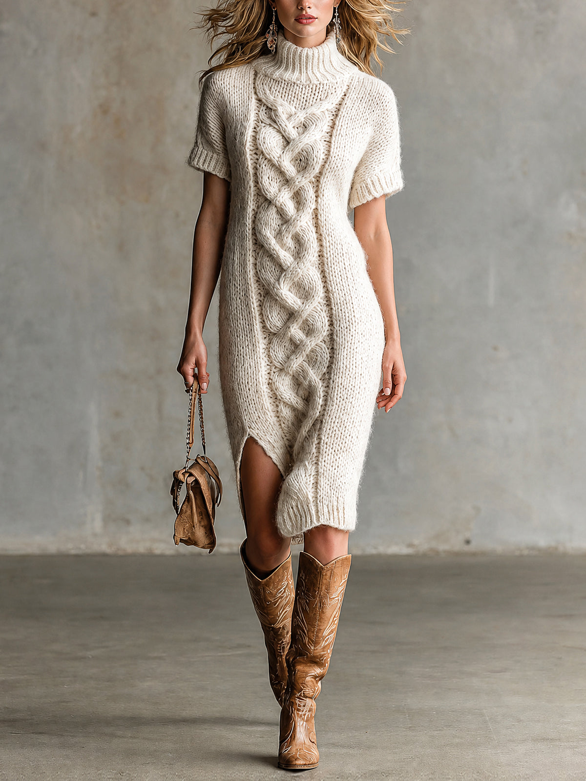 ElevenOra Chic Elegant Cream White Turtleneck Short-Sleeve Cable-Detail Slit-Hem Loose-Fit Wool Blend Knit Midi Dress