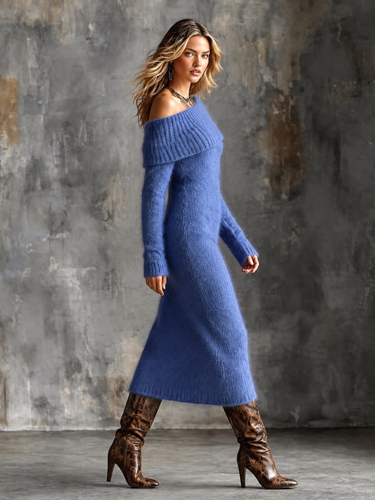 ElevenOra Chic Elegant Dark Blue One-Shoulder Long-Sleeve Tailored-Waist Slim-Fit Warm Mohair Blend Knit Midi Dress