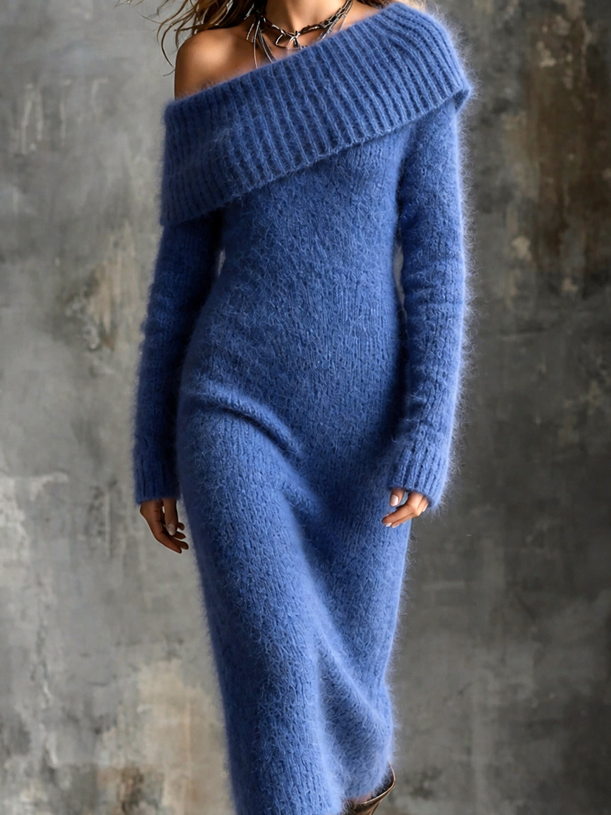 ElevenOra Chic Elegant Dark Blue One-Shoulder Long-Sleeve Tailored-Waist Slim-Fit Warm Mohair Blend Knit Midi Dress