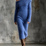 ElevenOra Chic Elegant Dark Blue One-Shoulder Long-Sleeve Tailored-Waist Slim-Fit Warm Mohair Blend Knit Midi Dress
