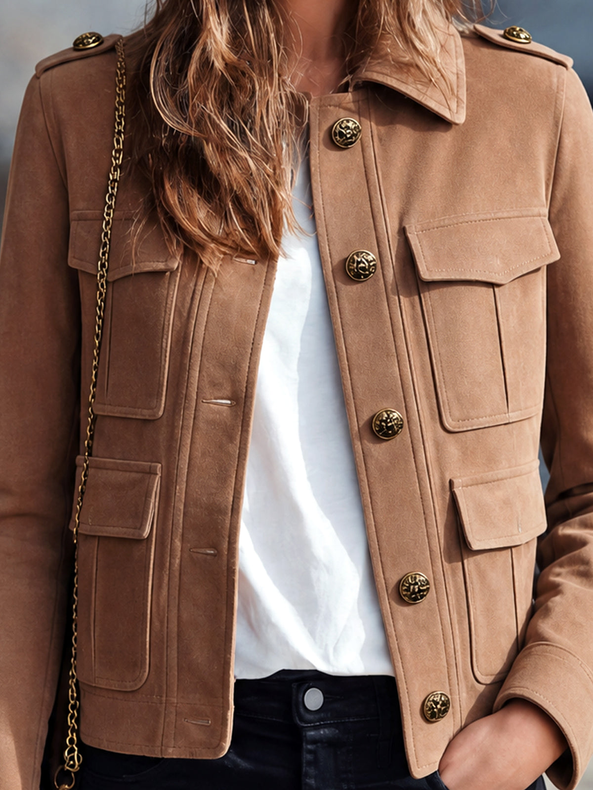 ElevenOra Chic Casual Camel Faux Suede Lapel Collar Long-Sleeve Single-Breasted Multi-Pocket Slim-Fit Military-Style Jacket