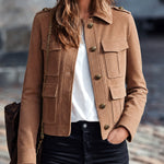 ElevenOra Chic Casual Camel Faux Suede Lapel Collar Long-Sleeve Single-Breasted Multi-Pocket Slim-Fit Military-Style Jacket