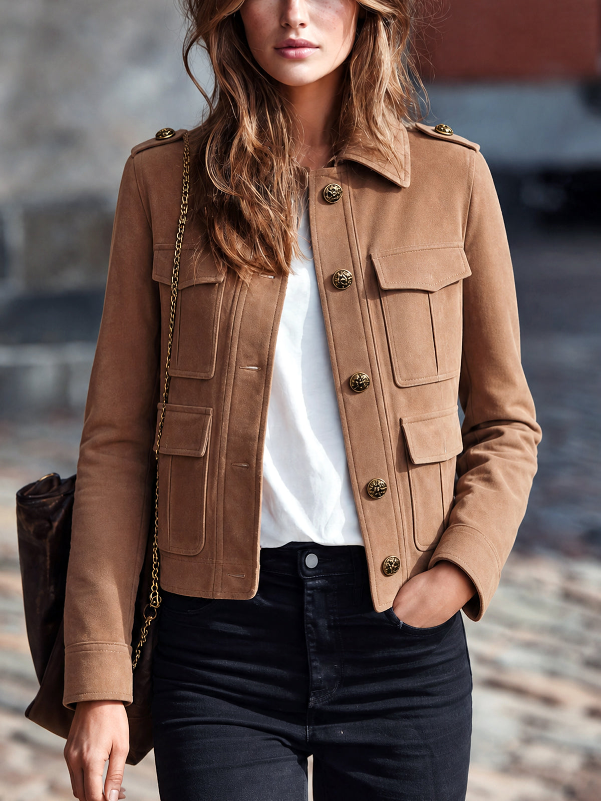 ElevenOra Chic Casual Camel Faux Suede Lapel Collar Long-Sleeve Single-Breasted Multi-Pocket Slim-Fit Military-Style Jacket