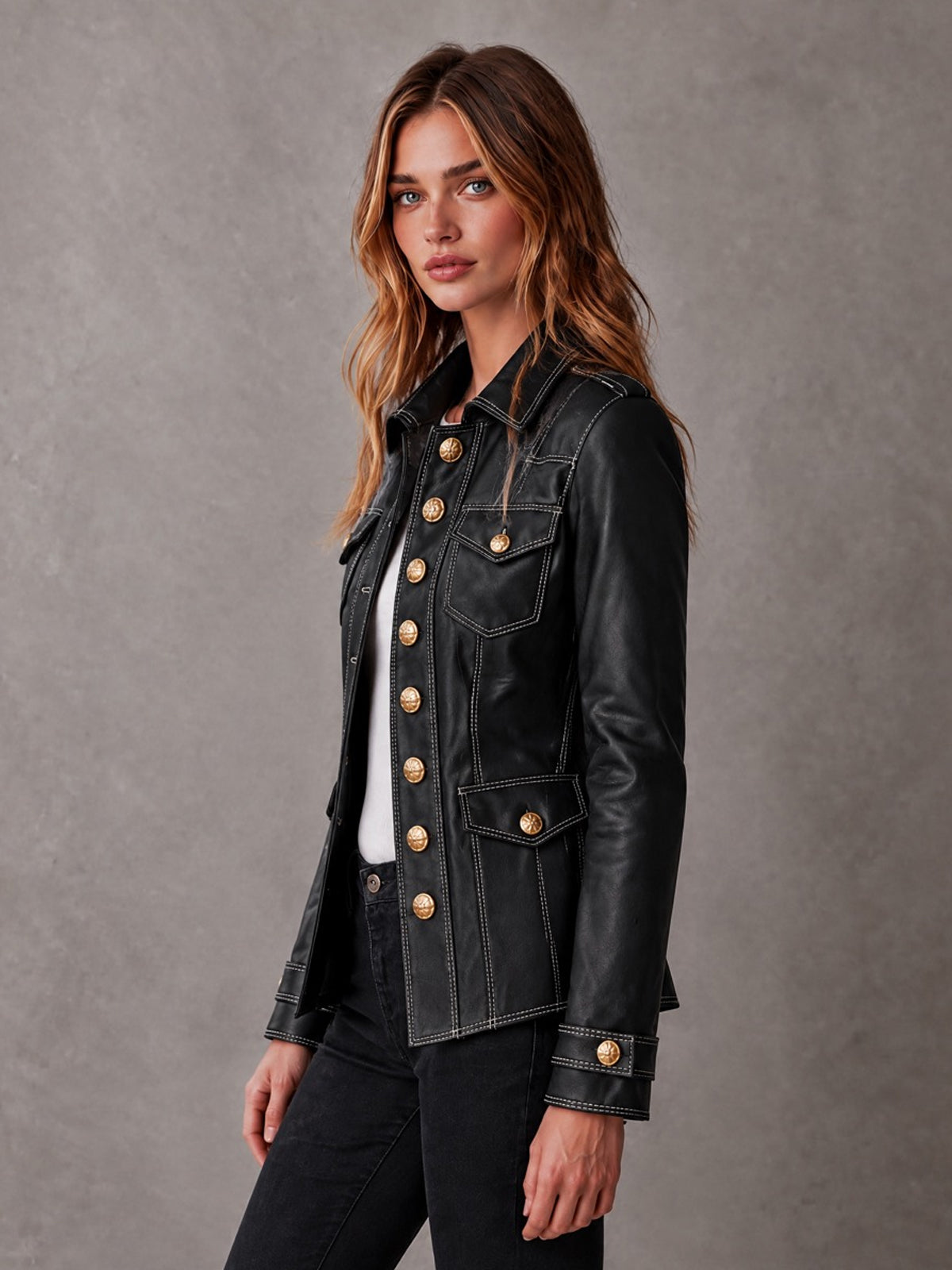 ElevenOra Chic Casual Black Faux Leather Lapel Collar Long-Sleeve Single-Breasted Multi-Pocket Slim-Fit Military-Style Jacket