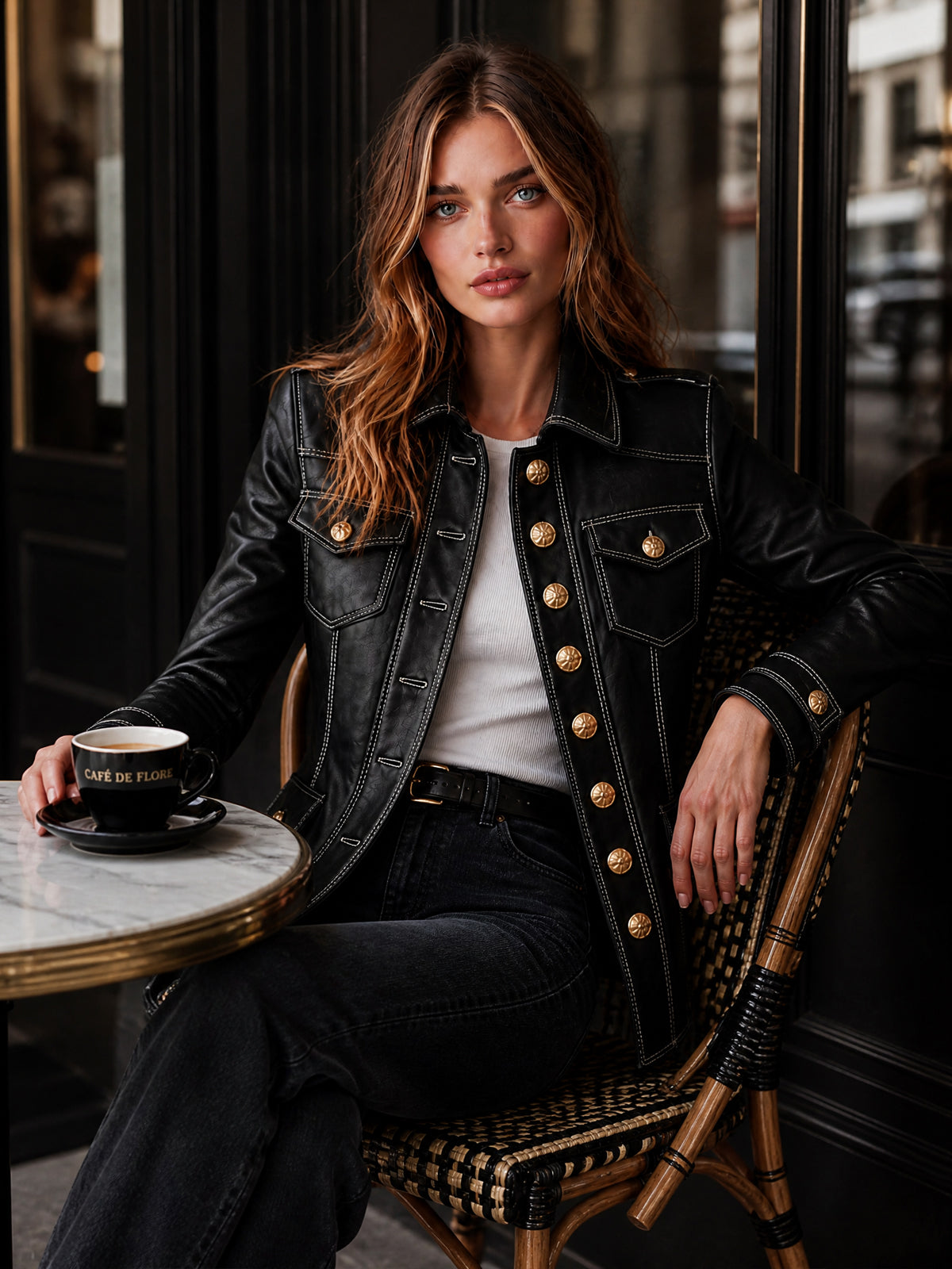 ElevenOra Chic Casual Black Faux Leather Lapel Collar Long-Sleeve Single-Breasted Multi-Pocket Slim-Fit Military-Style Jacket