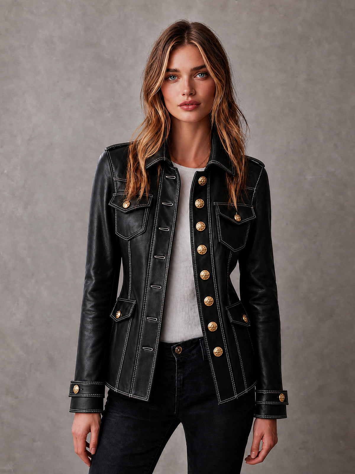 ElevenOra Chic Casual Black Faux Leather Lapel Collar Long-Sleeve Single-Breasted Multi-Pocket Slim-Fit Military-Style Jacket