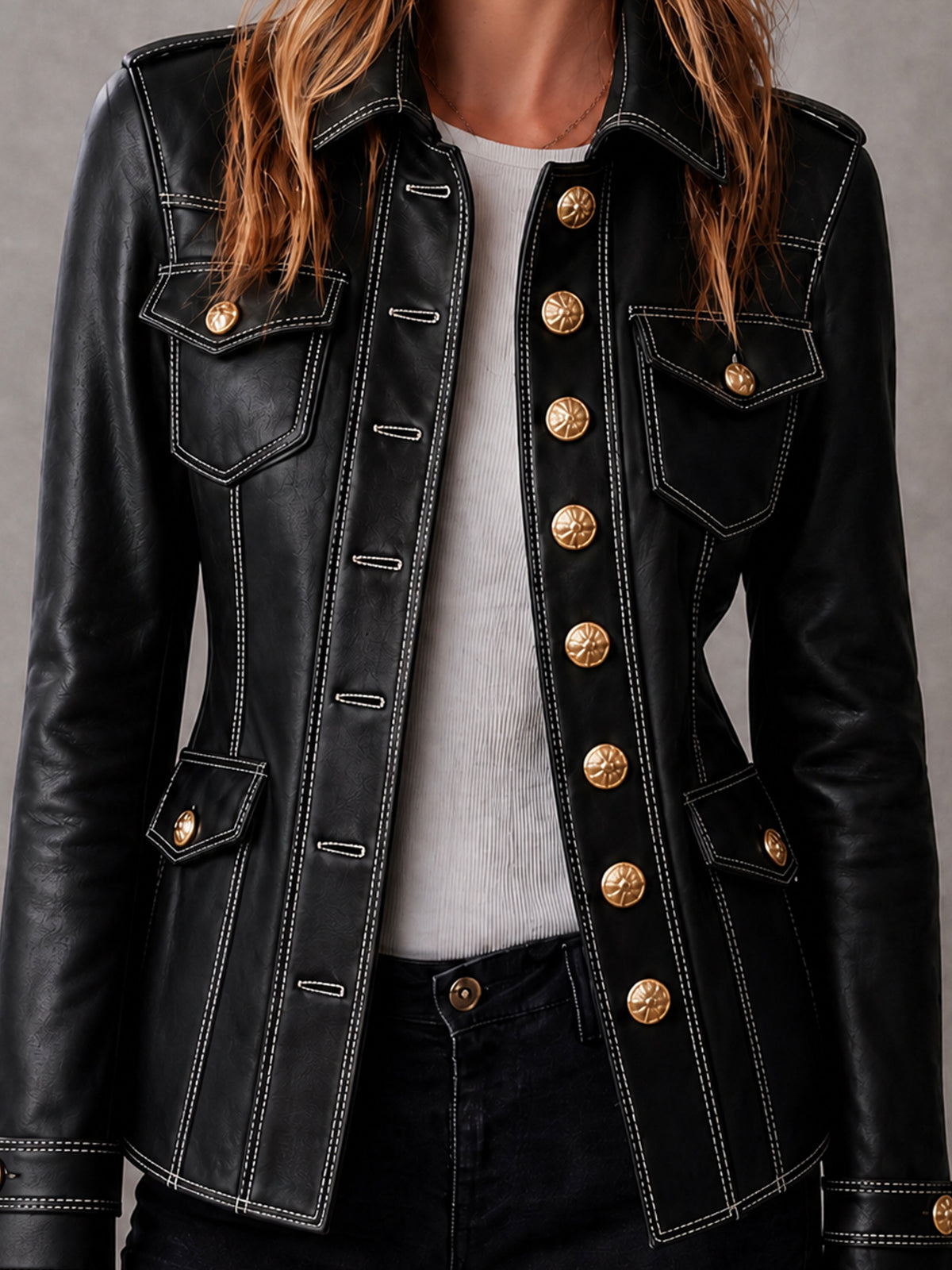 ElevenOra Chic Casual Black Faux Leather Lapel Collar Long-Sleeve Single-Breasted Multi-Pocket Slim-Fit Military-Style Jacket