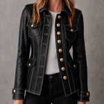 ElevenOra Chic Casual Black Faux Leather Lapel Collar Long-Sleeve Single-Breasted Multi-Pocket Slim-Fit Military-Style Jacket