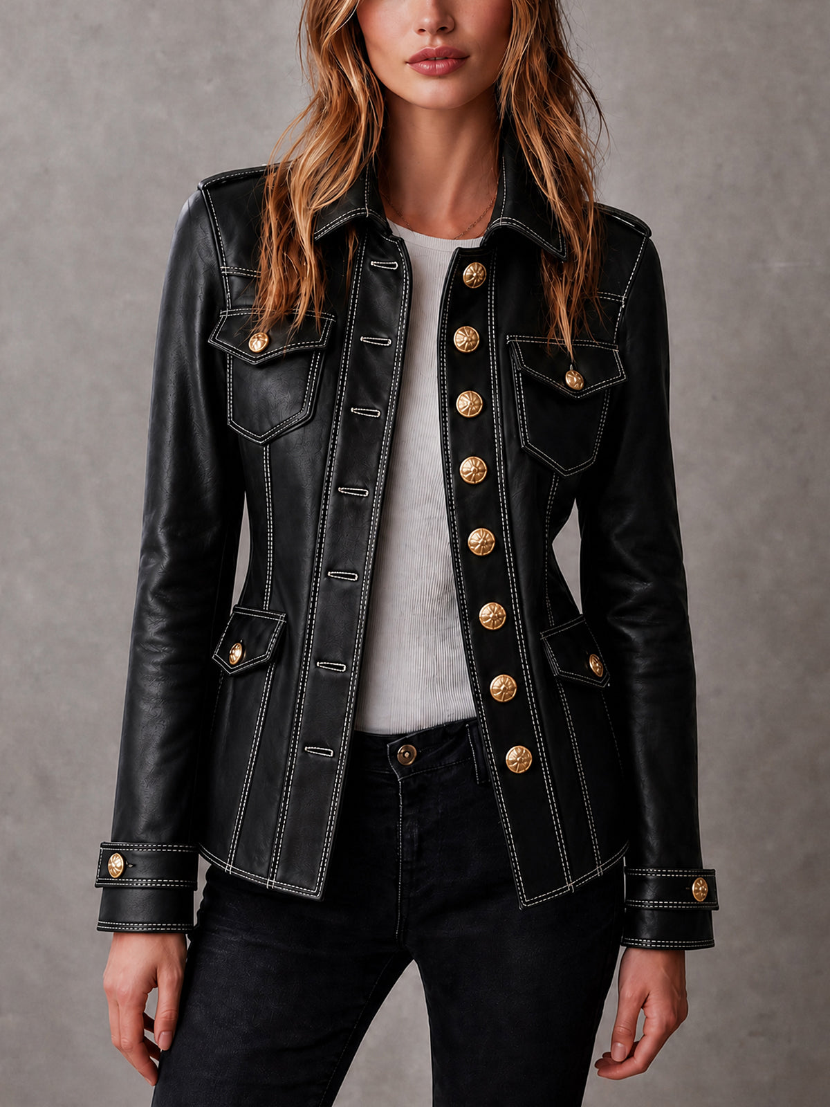 ElevenOra Chic Casual Black Faux Leather Lapel Collar Long-Sleeve Single-Breasted Multi-Pocket Slim-Fit Military-Style Jacket