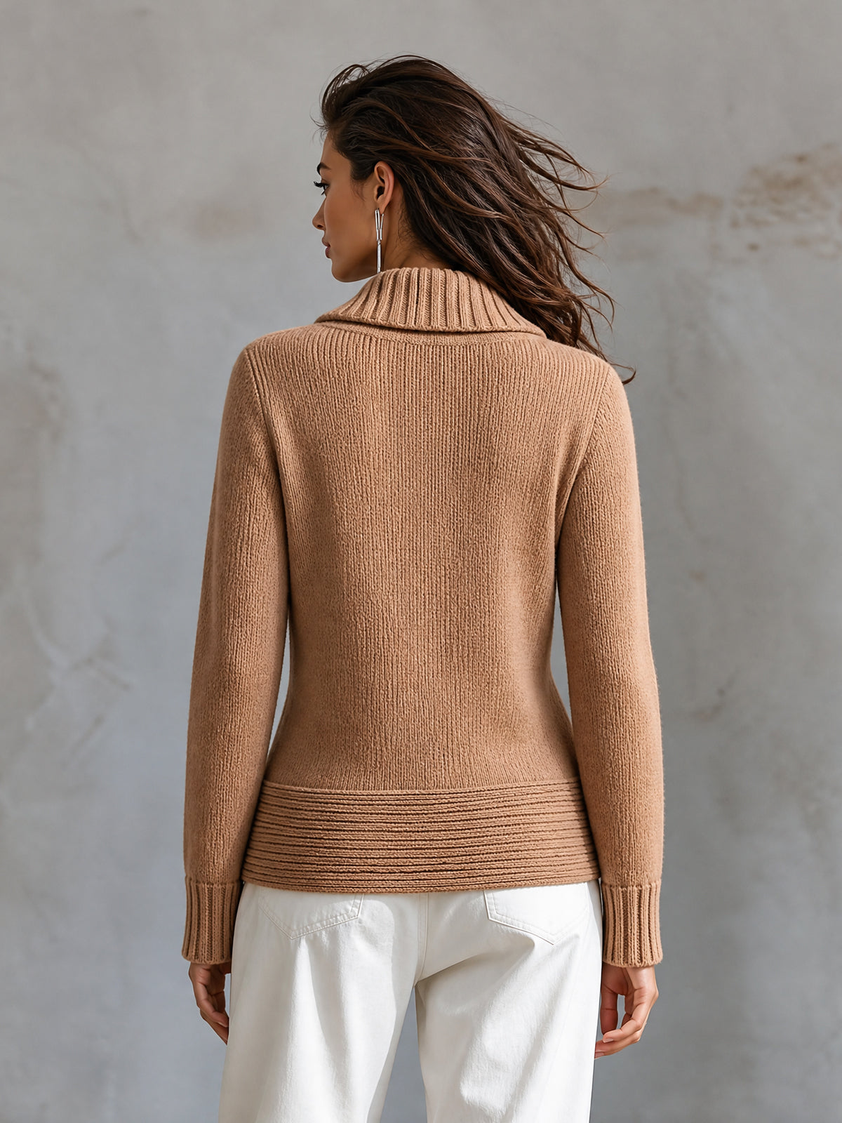 ElevenOra Chic Elegant Camel Shawl-Collar Long-Sleeve Cross-Front Buttons Detail Loose-Fit Wool Blend Knit Sweater