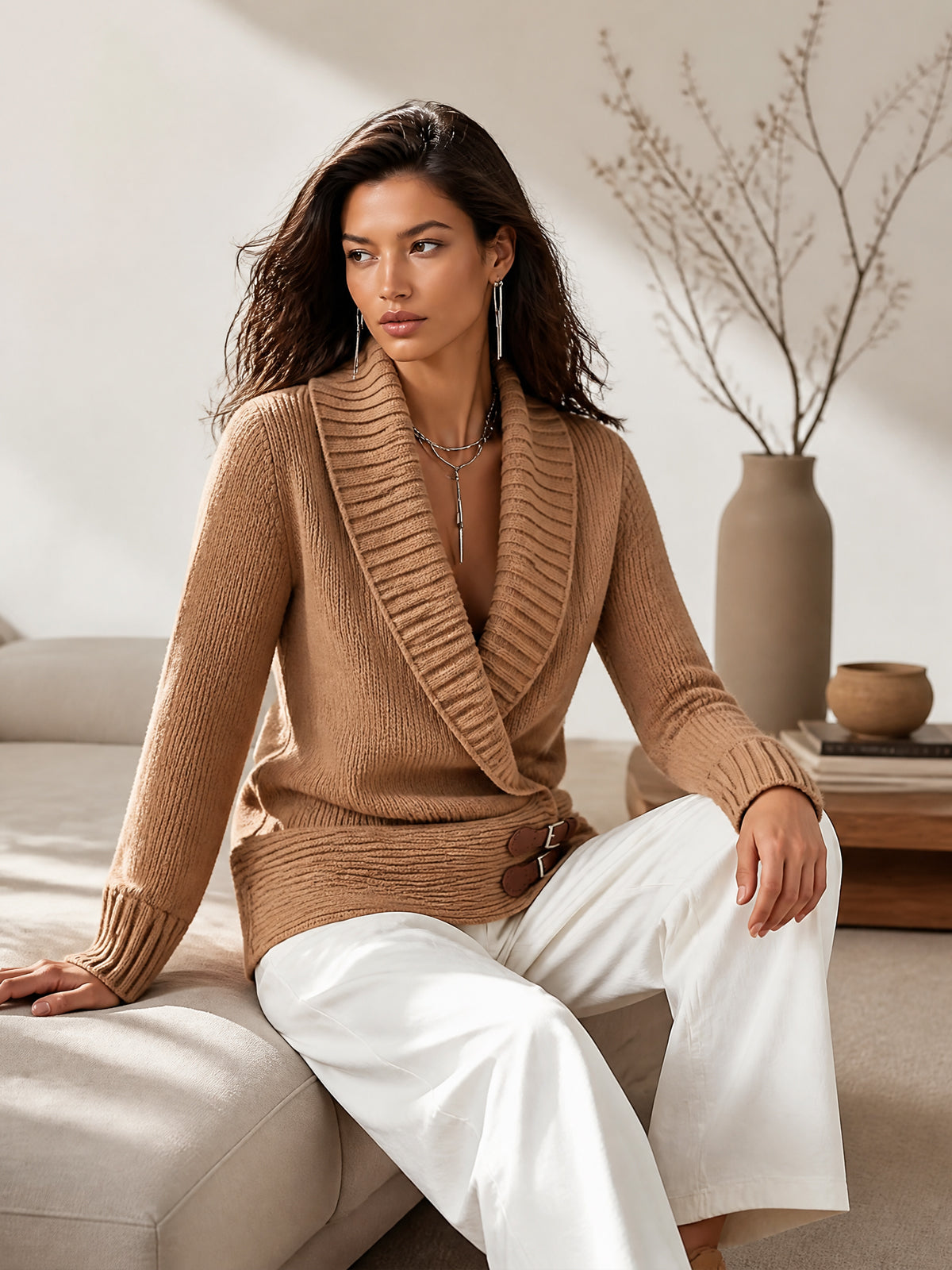 ElevenOra Chic Elegant Camel Shawl-Collar Long-Sleeve Cross-Front Buttons Detail Loose-Fit Wool Blend Knit Sweater