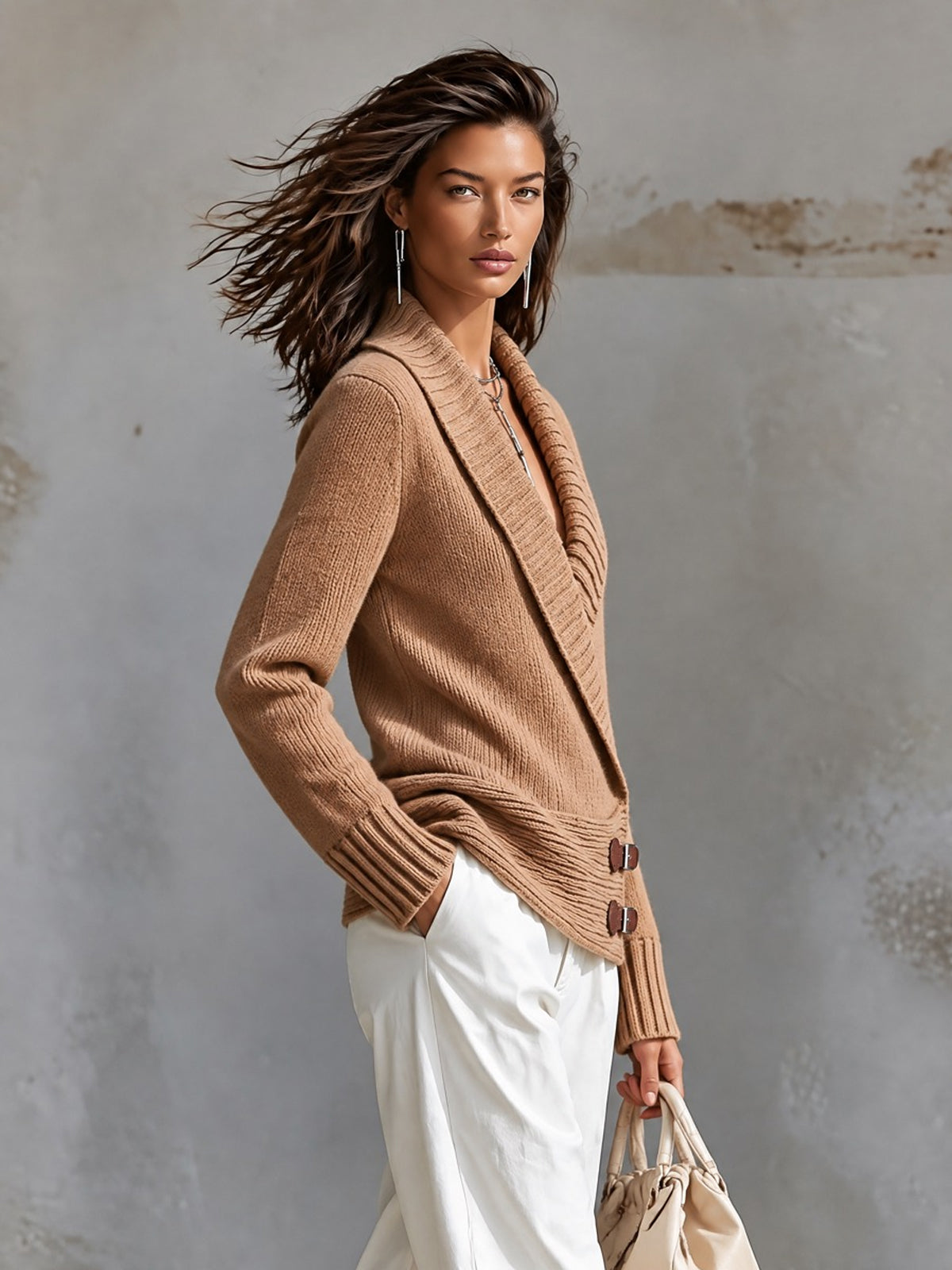 ElevenOra Chic Elegant Camel Shawl-Collar Long-Sleeve Cross-Front Buttons Detail Loose-Fit Wool Blend Knit Sweater