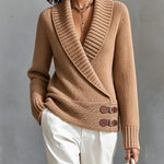ElevenOra Chic Elegant Camel Shawl-Collar Long-Sleeve Cross-Front Buttons Detail Loose-Fit Wool Blend Knit Sweater