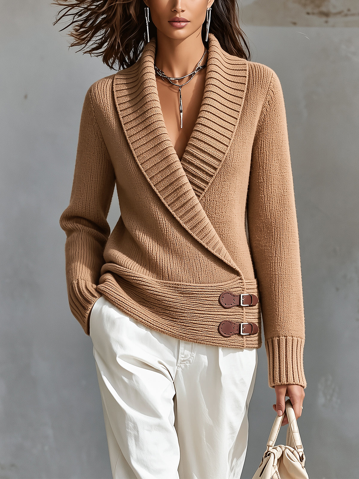 ElevenOra Chic Elegant Camel Shawl-Collar Long-Sleeve Cross-Front Buttons Detail Loose-Fit Wool Blend Knit Sweater