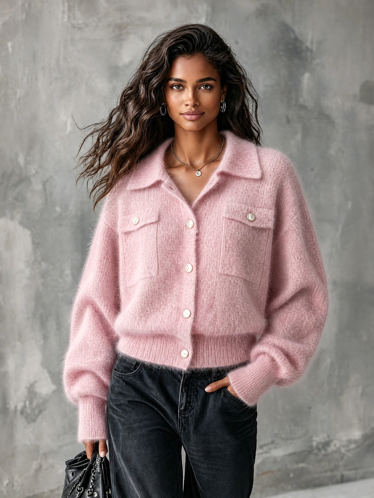 ElevenOra Chic Casual Pink Lapel-Collar Long-Sleeve Single-Breasted Loose-Fit Soft Mohair Blend Knit Cardigan