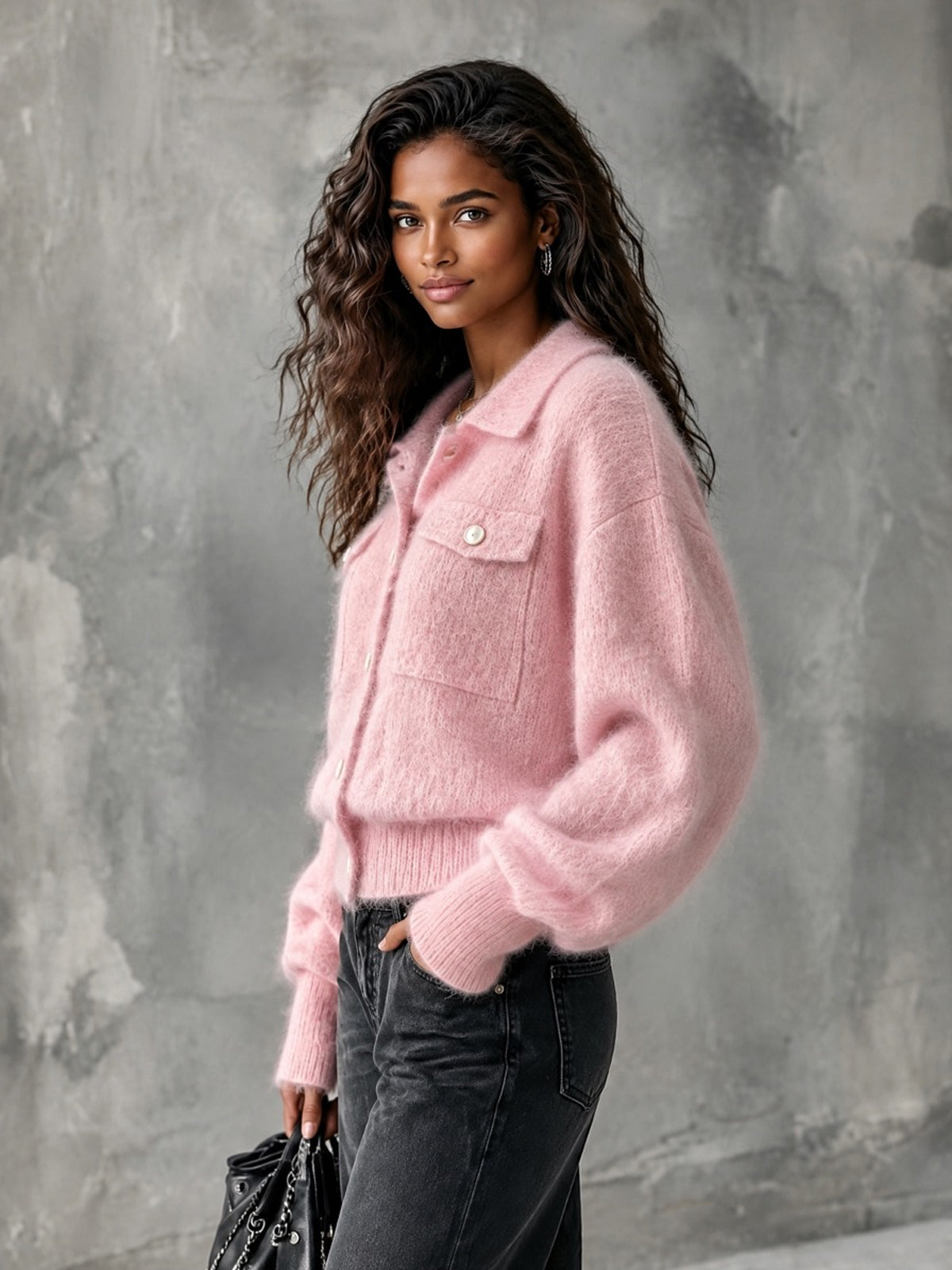 ElevenOra Chic Casual Pink Lapel-Collar Long-Sleeve Single-Breasted Loose-Fit Soft Mohair Blend Knit Cardigan