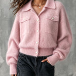 ElevenOra Chic Casual Pink Lapel-Collar Long-Sleeve Single-Breasted Loose-Fit Soft Mohair Blend Knit Cardigan