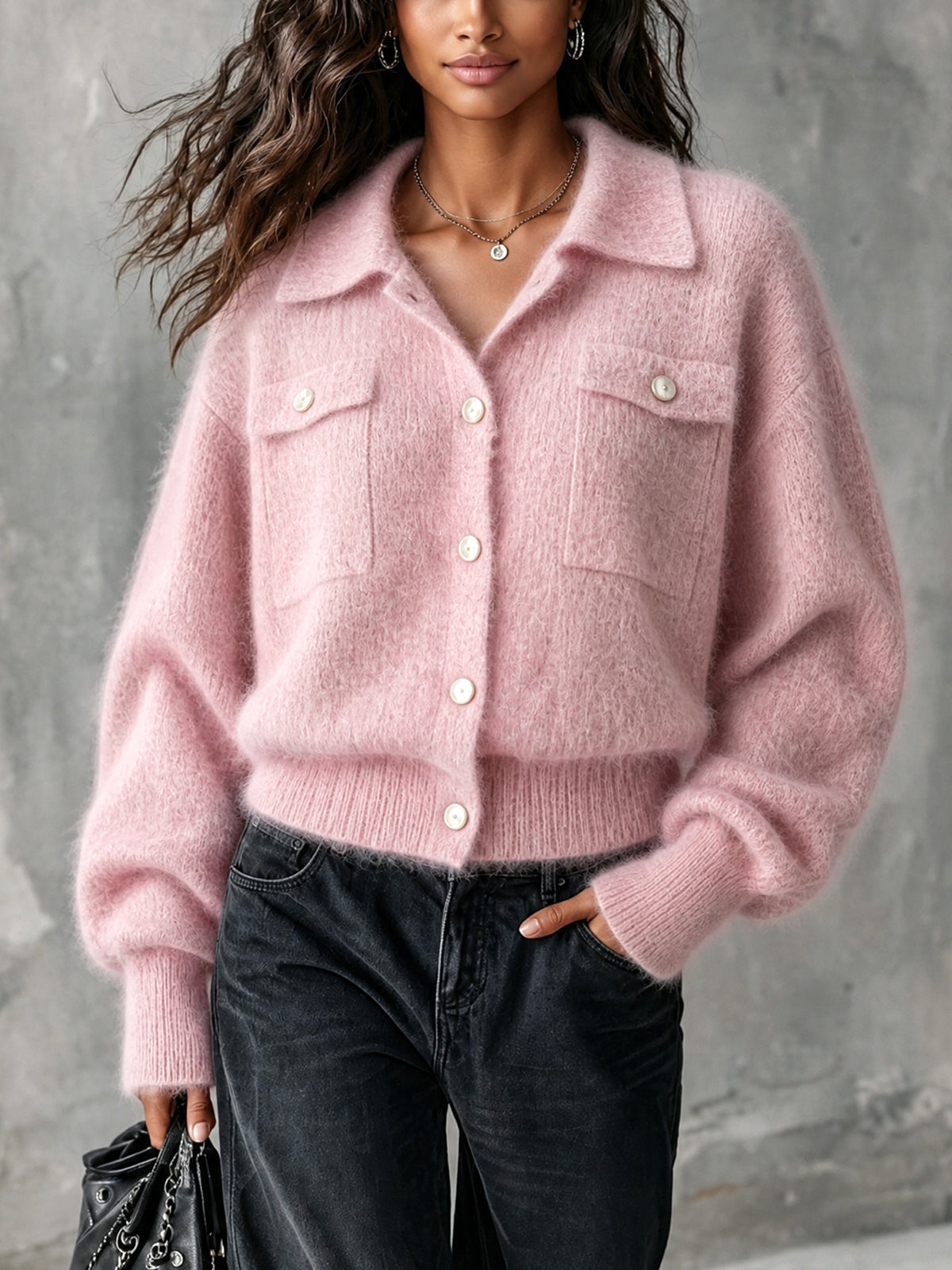 ElevenOra Chic Casual Pink Lapel-Collar Long-Sleeve Single-Breasted Loose-Fit Soft Mohair Blend Knit Cardigan