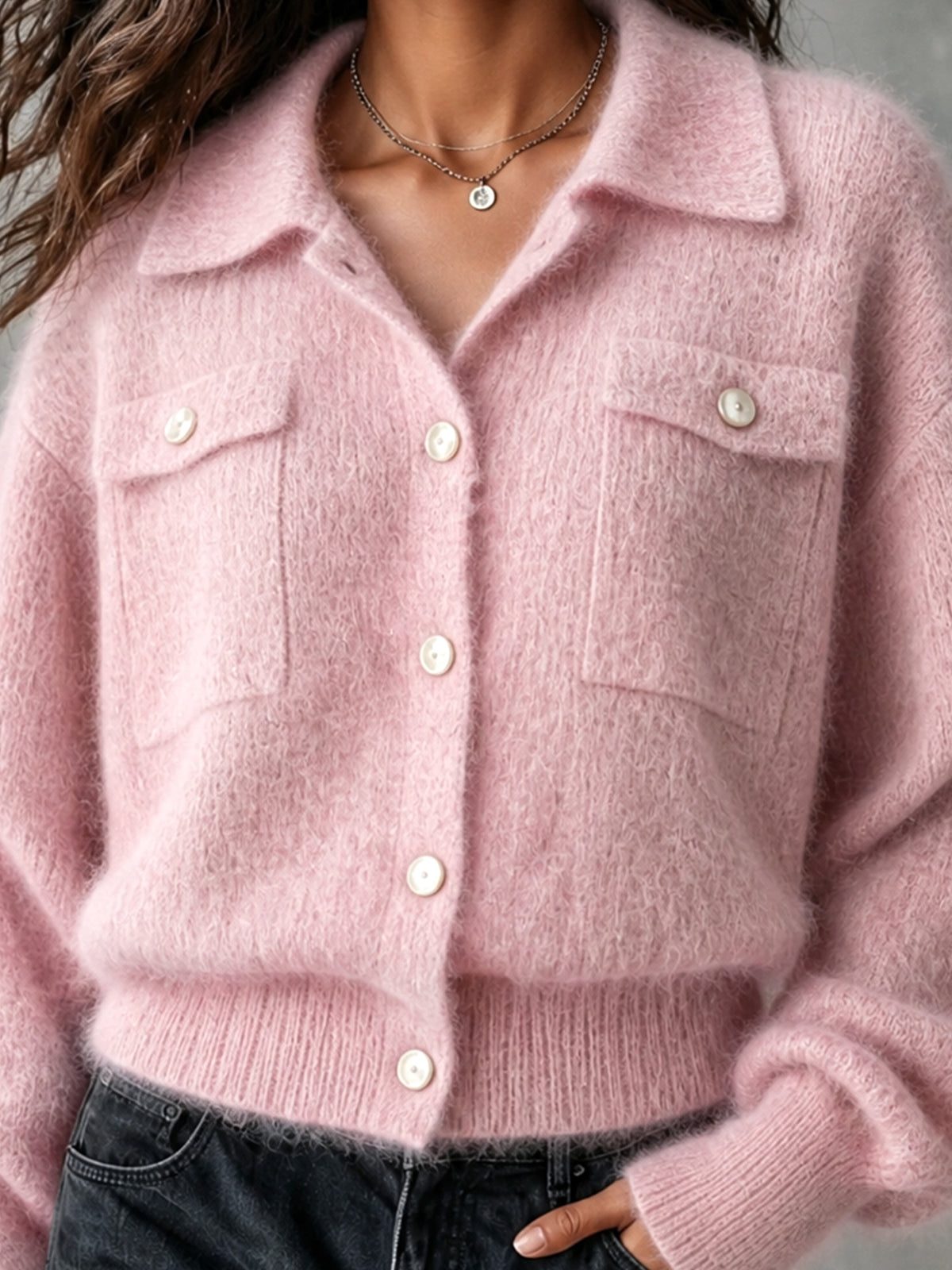 ElevenOra Chic Casual Pink Lapel-Collar Long-Sleeve Single-Breasted Loose-Fit Soft Mohair Blend Knit Cardigan