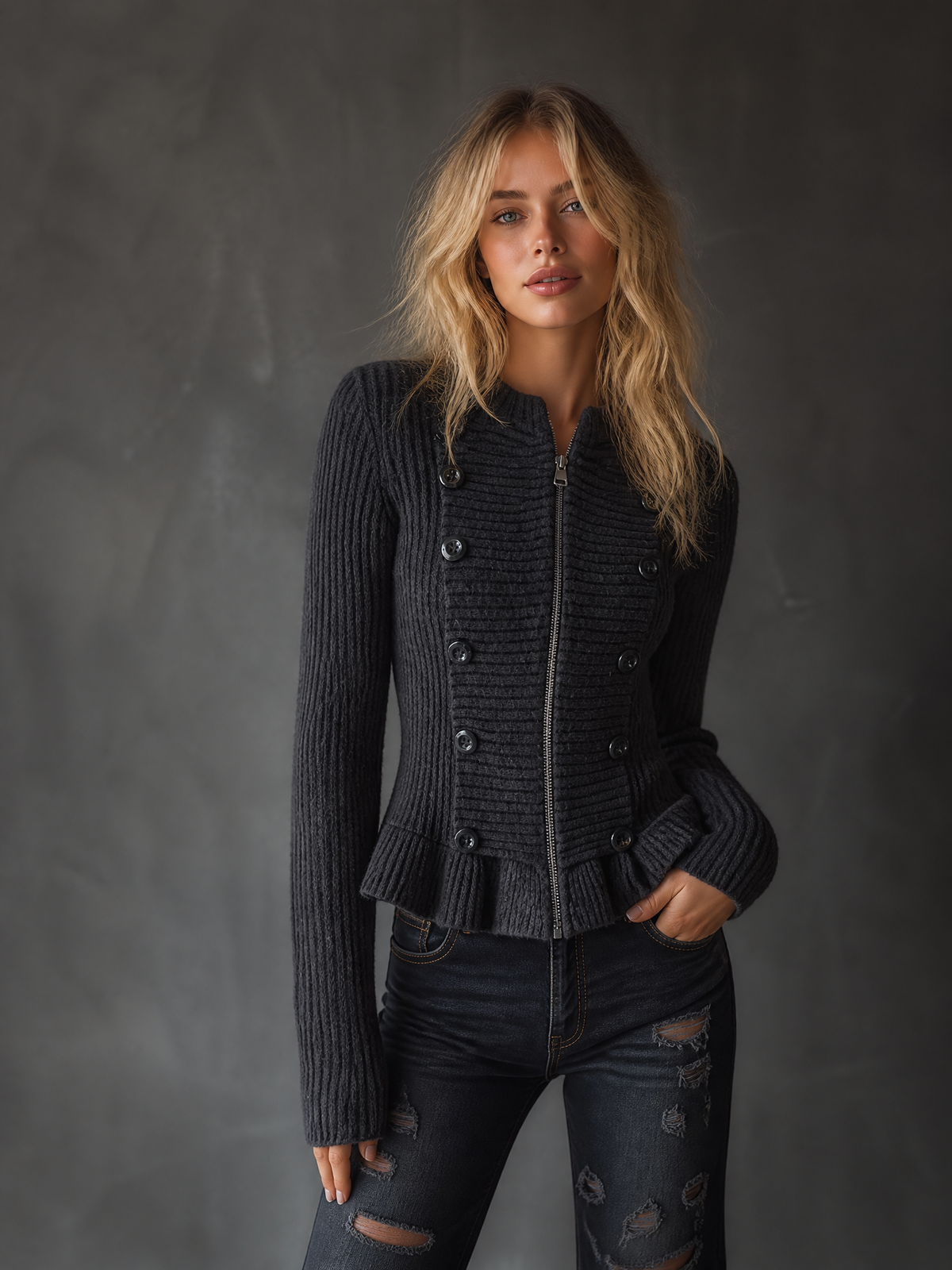ElevenOra Chic Casual Dark Gray Stand Collar Zip Front Button Detail Long-Sleeve Ruffle Hem Slim-Fit Ribbed Knit Cardigan