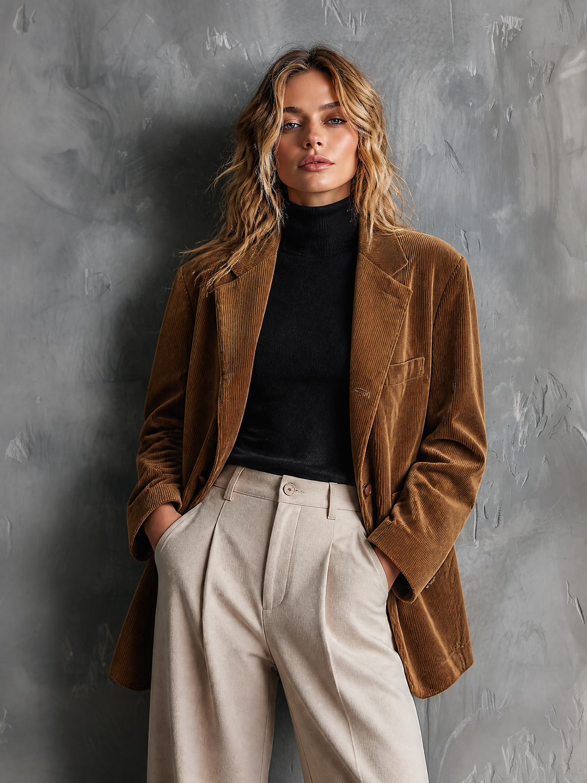 ElevenOra Chic Casual Brown Notched Lapel Collar Long-Sleeve Single-Breasted Loose-Fit Corduroy Blazer Jacket