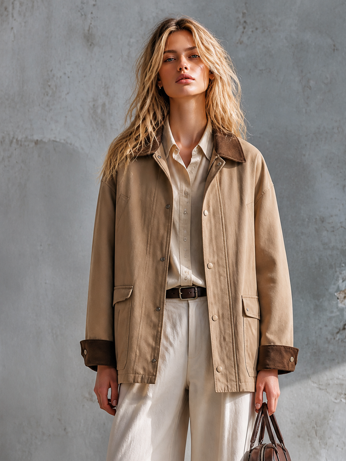ElevenOra Chic Casual Khaki Lapel Collar Metal Snap Button Long-Sleeve Contrast Suede Trim Cargo Patch Pocket Loose-Fit Cotton Jacket