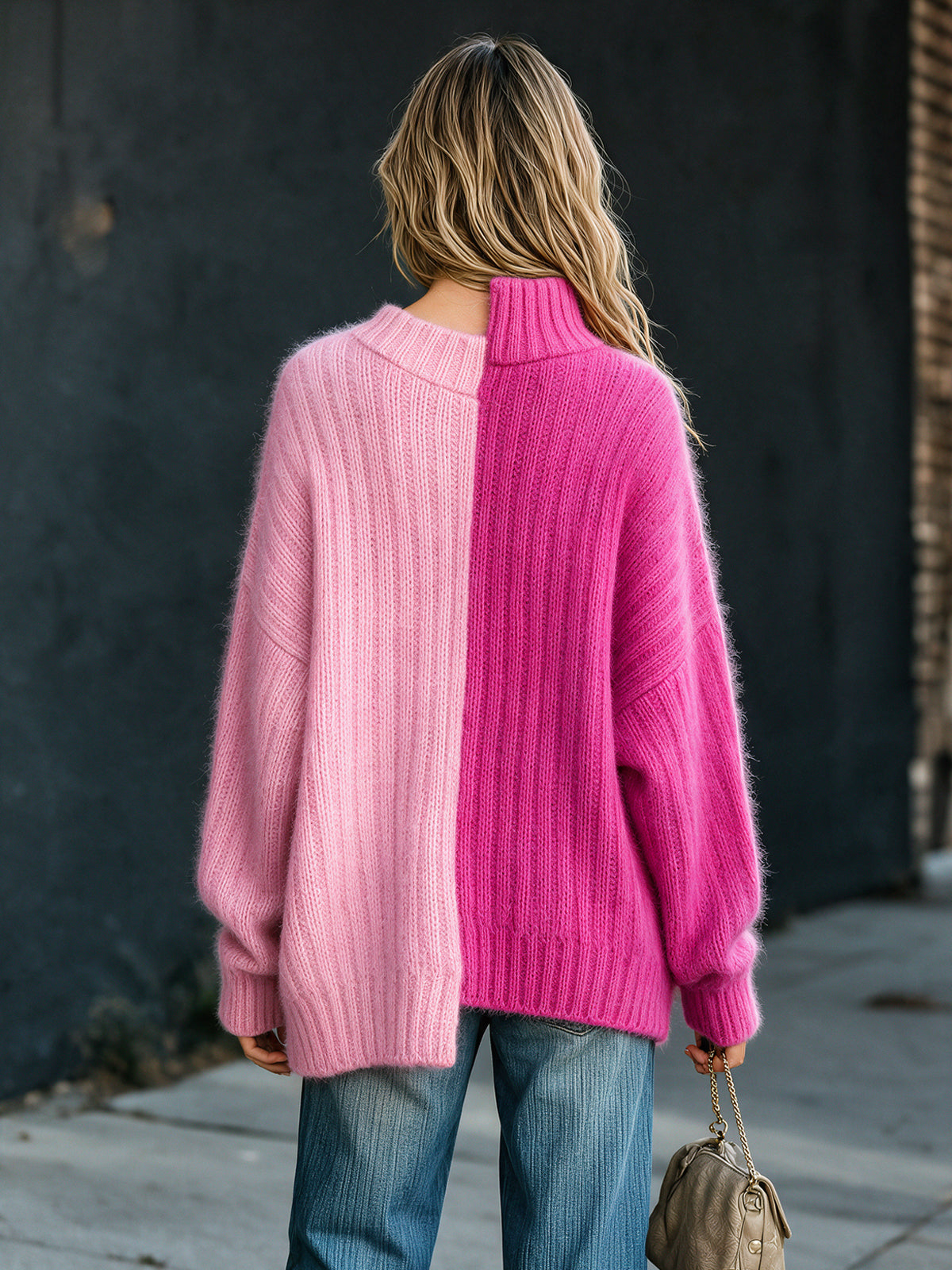 ElevenOra Chic Deconstructivist Style Pink-Hot Pink Colorblock Long-Sleeve Loose-Fit Mohair Blend Ribbed Knit Sweater