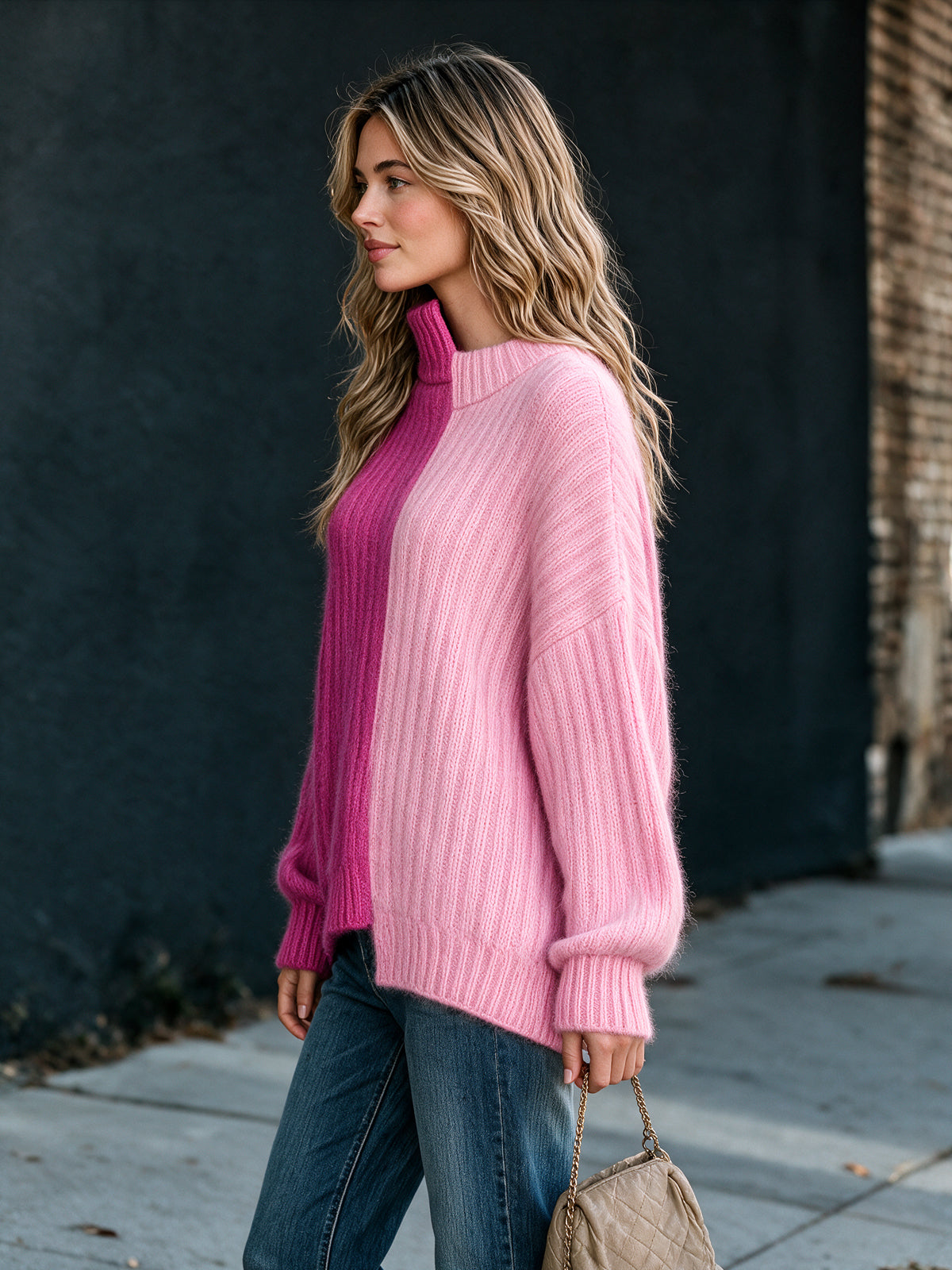 ElevenOra Chic Deconstructivist Style Pink-Hot Pink Colorblock Long-Sleeve Loose-Fit Mohair Blend Ribbed Knit Sweater