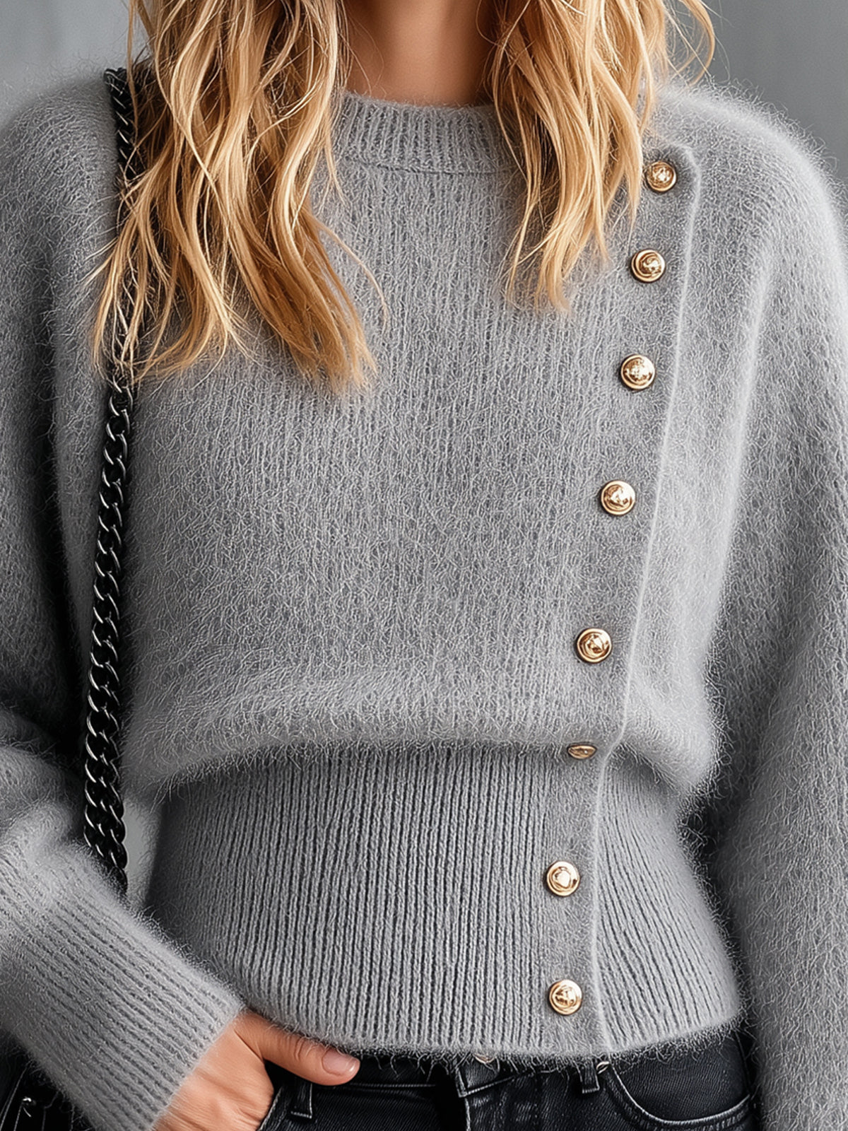 ElevenOra Chic Elegant Gray Round-Neck Long-Sleeve Golden Buttons Detail Loose-Fit Soft Mohair Blend Knit Sweater