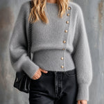 ElevenOra Chic Elegant Gray Round-Neck Long-Sleeve Golden Buttons Detail Loose-Fit Soft Mohair Blend Knit Sweater
