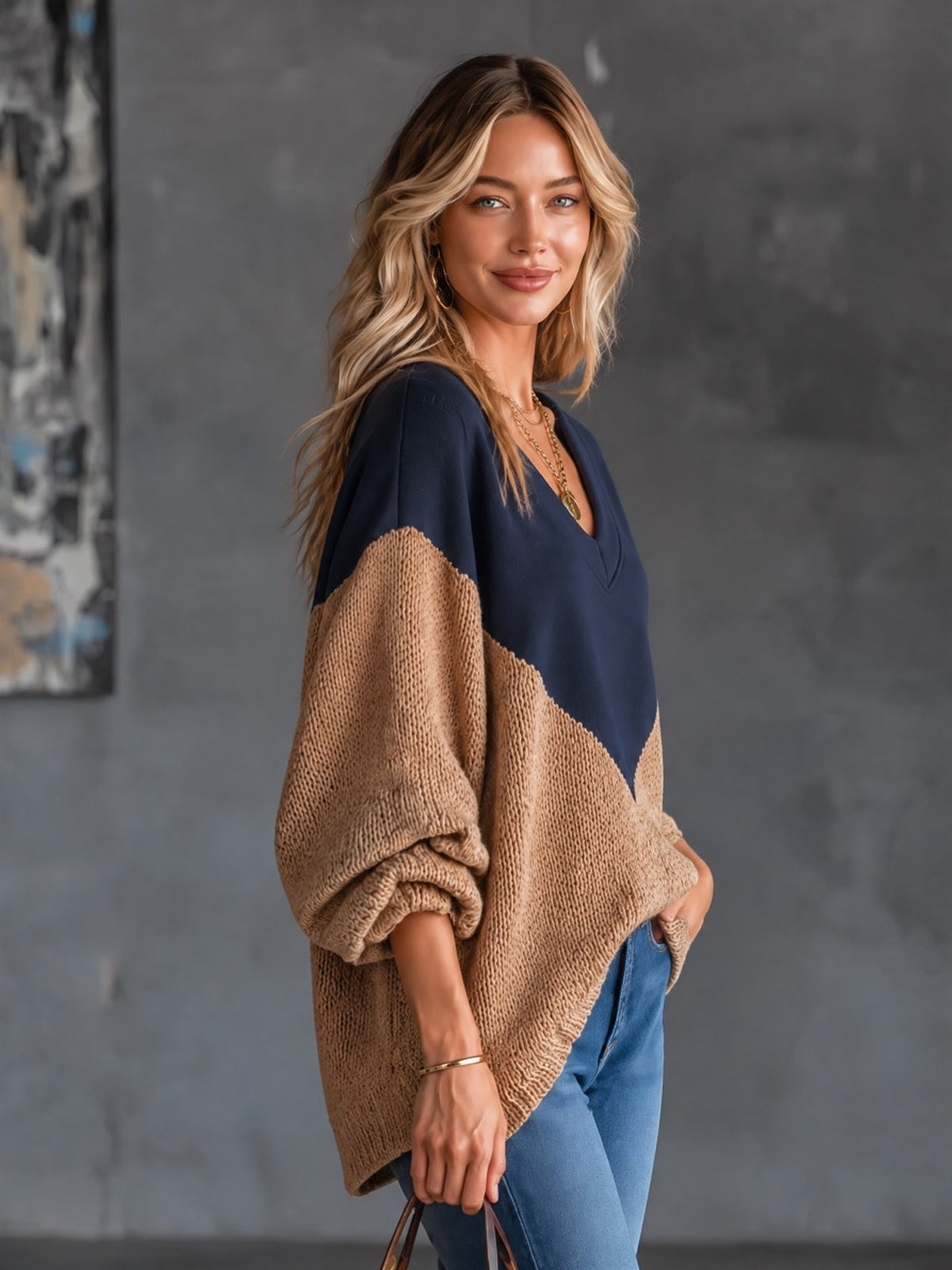 ElevenOra Chic Casual Navy Blue-Brown Colorblock Patchwork V-Neck Long-Sleeve Loose-Fit Wool Blend Knit Sweater