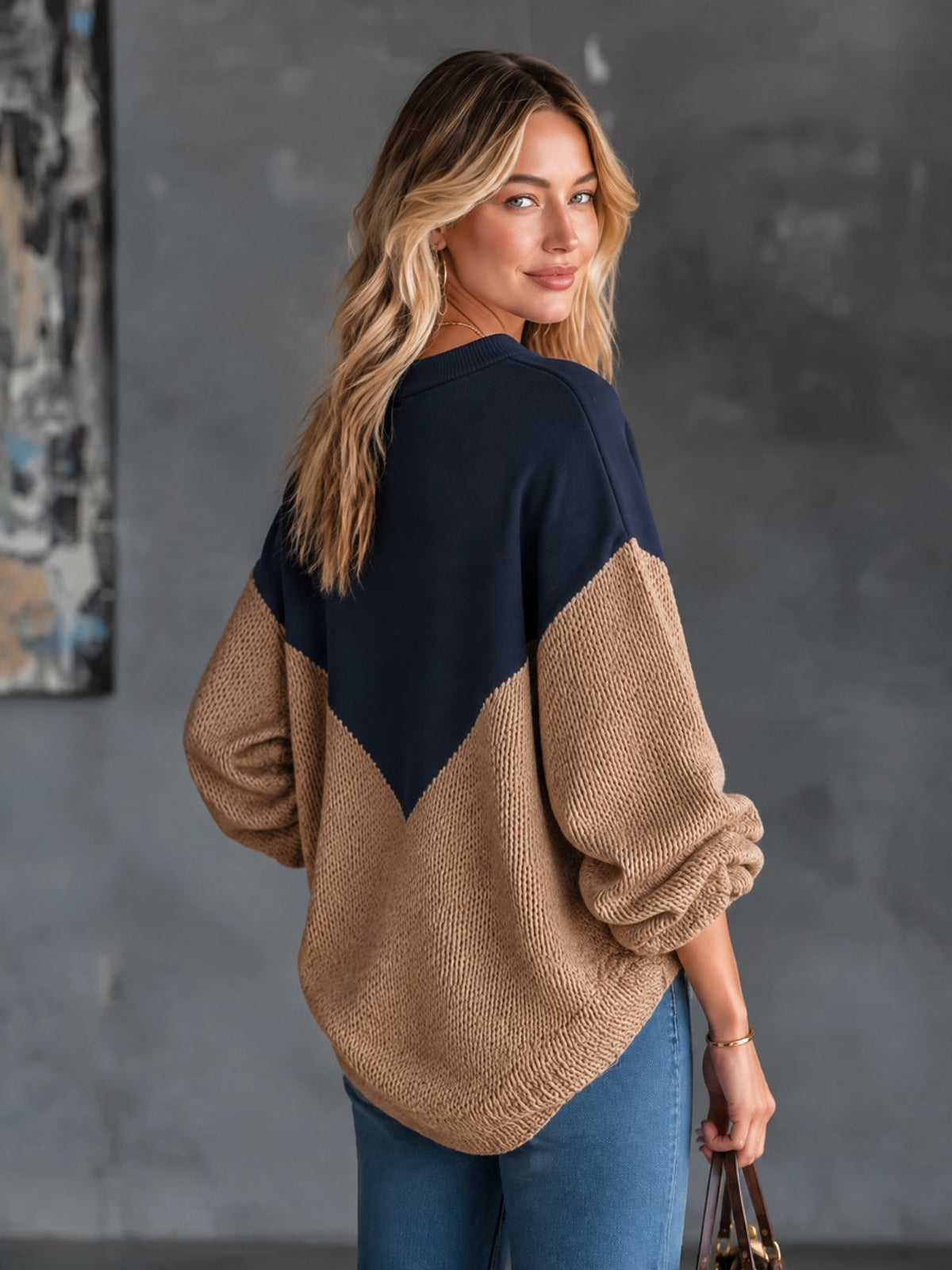 ElevenOra Chic Casual Navy Blue-Brown Colorblock Patchwork V-Neck Long-Sleeve Loose-Fit Wool Blend Knit Sweater