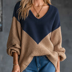 ElevenOra Chic Casual Navy Blue-Brown Colorblock Patchwork V-Neck Long-Sleeve Loose-Fit Wool Blend Knit Sweater