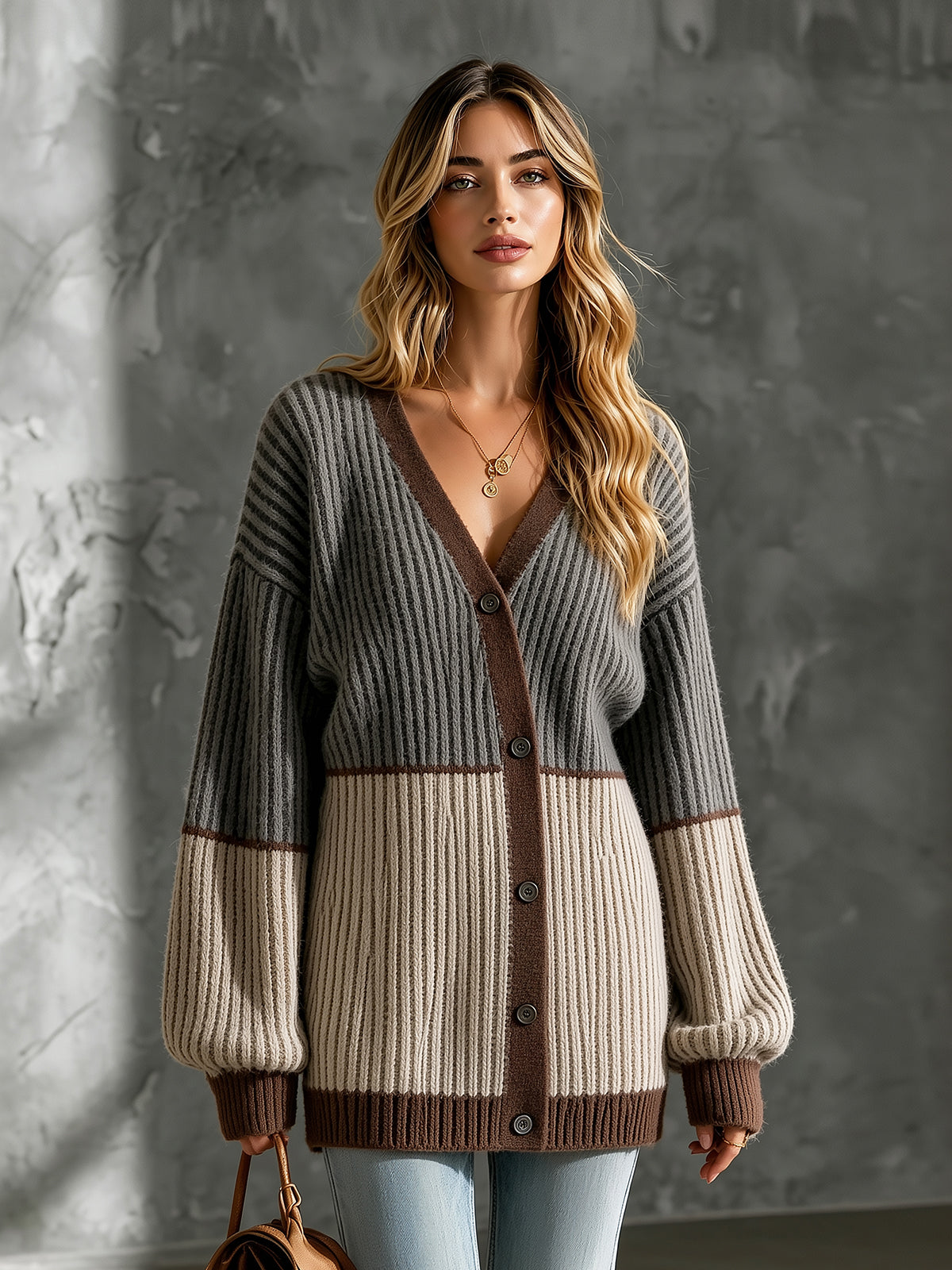 ElevenOra Chic Casual Gray-Beige Colorblock V-Neck Long-Sleeve Loose-Fit Wool Blend Ribbed Knit Cardigan