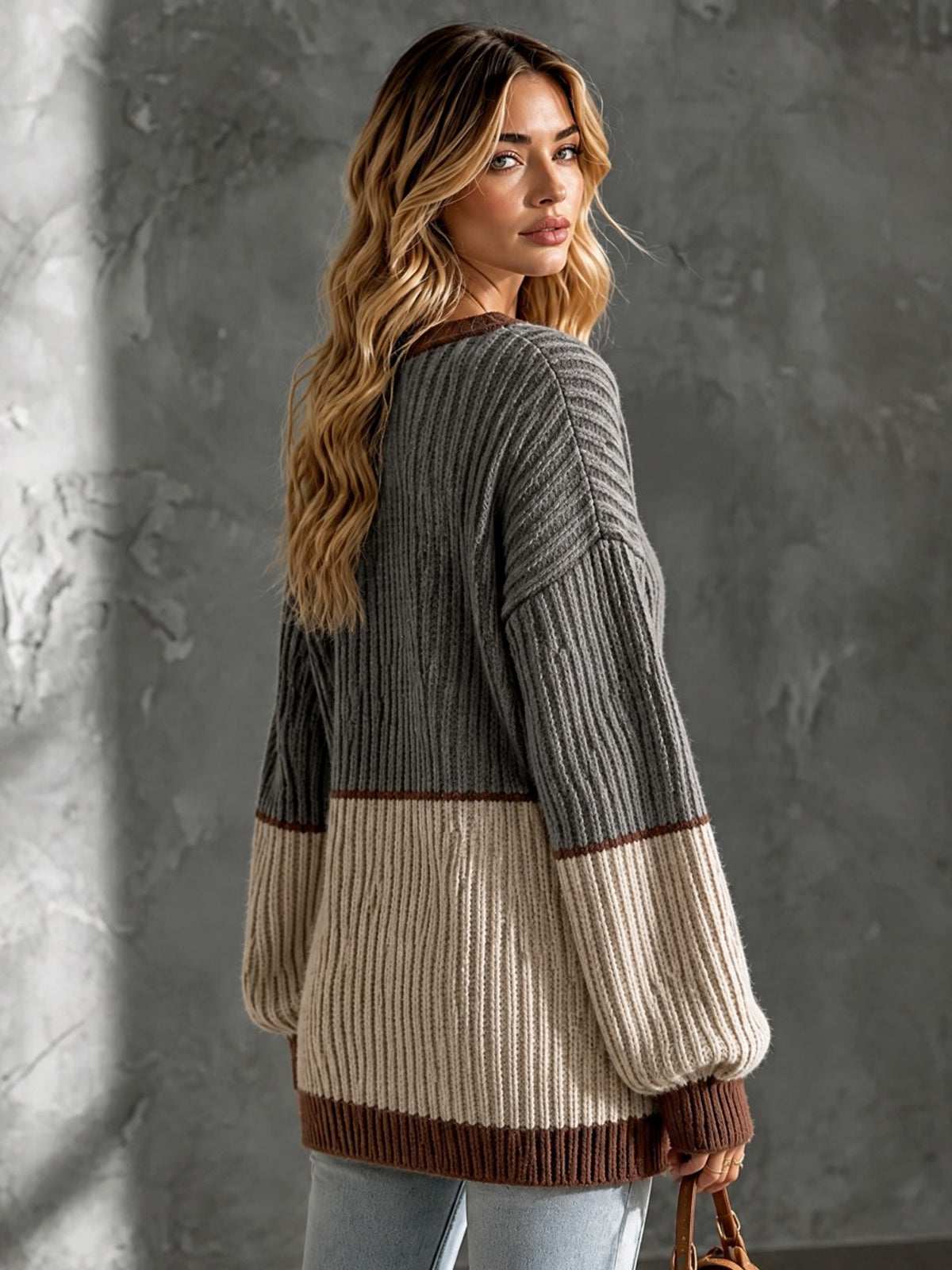 ElevenOra Chic Casual Gray-Beige Colorblock V-Neck Long-Sleeve Loose-Fit Wool Blend Ribbed Knit Cardigan