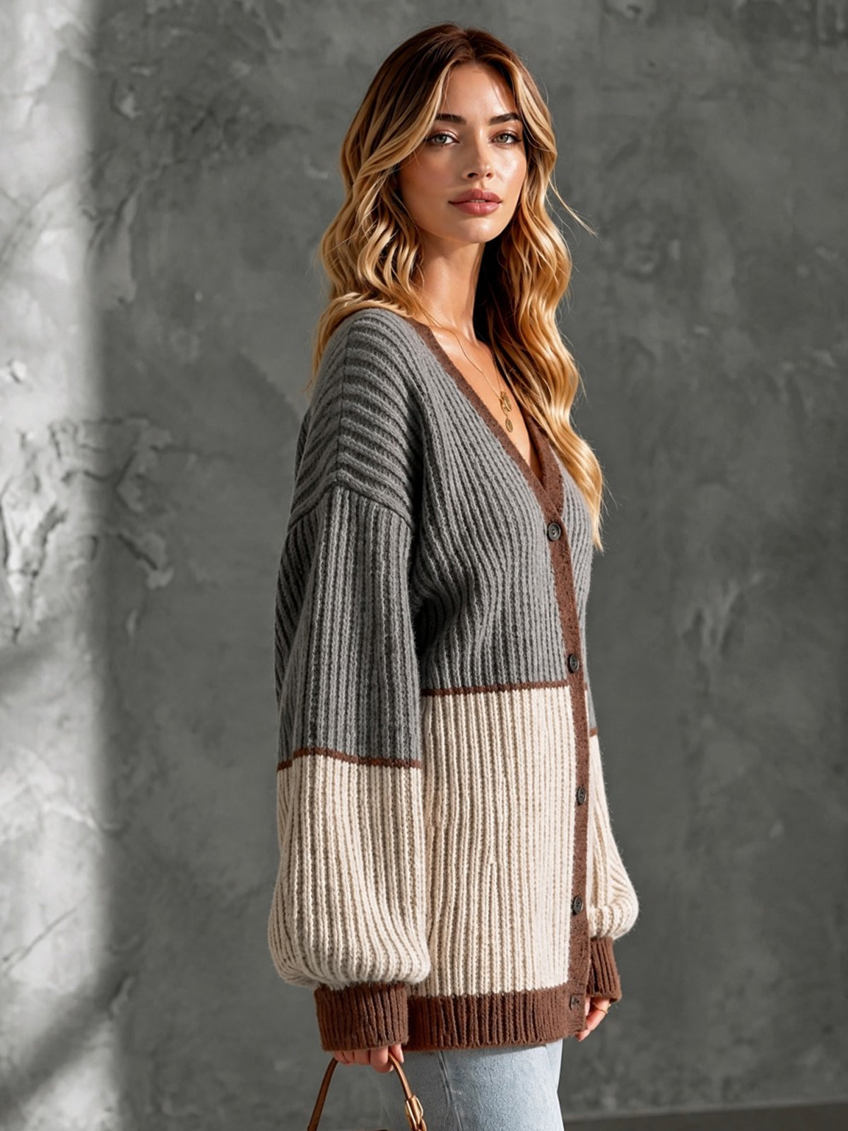 ElevenOra Chic Casual Gray-Beige Colorblock V-Neck Long-Sleeve Loose-Fit Wool Blend Ribbed Knit Cardigan