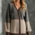 ElevenOra Chic Casual Gray-Beige Colorblock V-Neck Long-Sleeve Loose-Fit Wool Blend Ribbed Knit Cardigan