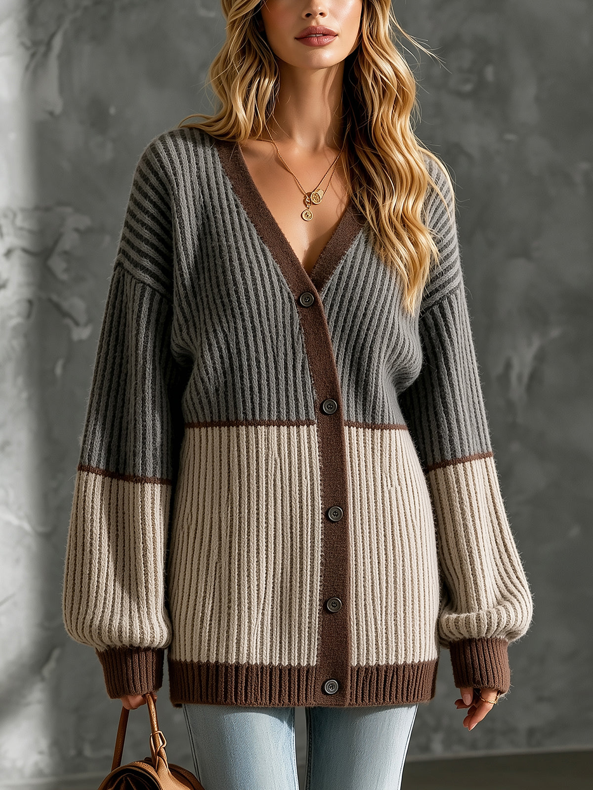 ElevenOra Chic Casual Gray-Beige Colorblock V-Neck Long-Sleeve Loose-Fit Wool Blend Ribbed Knit Cardigan