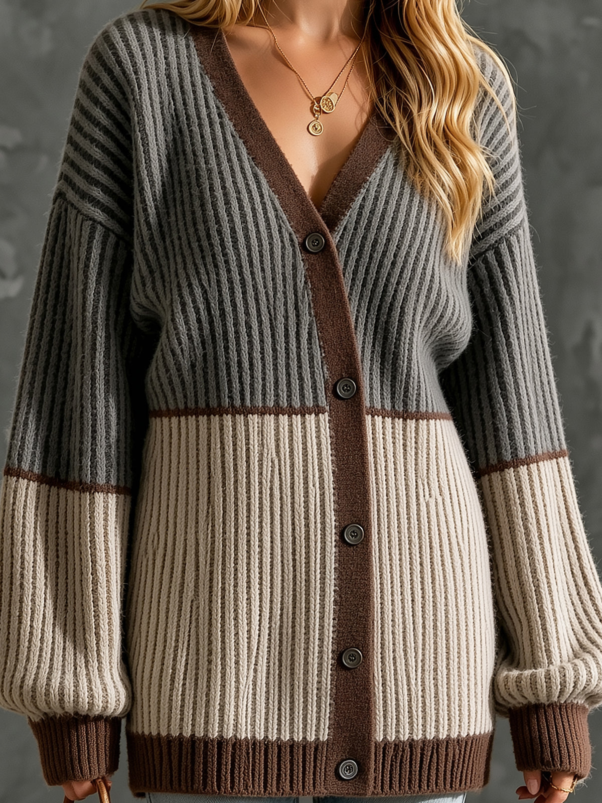 ElevenOra Chic Casual Gray-Beige Colorblock V-Neck Long-Sleeve Loose-Fit Wool Blend Ribbed Knit Cardigan