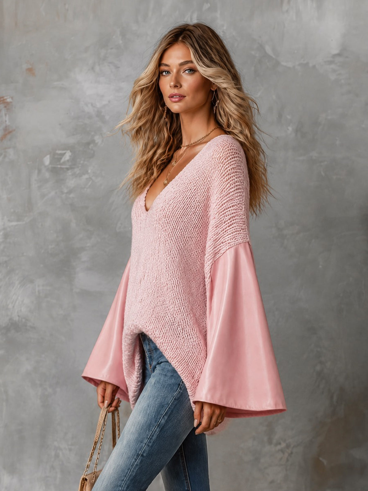 ElevenOra Chic Elegant Pink V-Neck PU Patchwork Long-Flare-Sleeve Oversize Wool Blend Knit Sweater
